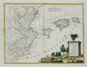 Kongedømmene Valencia og Murcia med Baleari- og Pitiuse-øyene, gravering av G. Zuliani hentet fra Tome I of the Newest Atlas publisert i Venezia i 1775 av Antonio Zatta, Private Collection