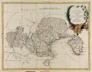 Landområde i staten Veneto, delt inn i sine provinser, gravering av G. Zuliani hentet fra Tome II av "Nyeste atlas" utgitt i Venezia i 1782 av Antonio Zatta, privat samling av G. Zuliani
