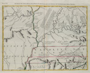 Land of the Cherokees med den vestlige delen av North Carolina og Virginia, gravering av G. Zuliani hentet fra Tome I av "Newest Atlas" utgitt i Venezia i 1778 av Antonio Zatta, Private Collection av G. Zuliani