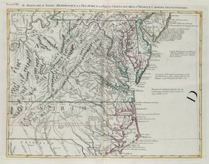 Maryland, sørlige New Jersey, Delaware og den østlige delen av Virginia og North Carolina, gravering av G. Zuliani hentet fra Tome I av "Newest Atlas" utgitt i Venezia i 1778 av Antonio Zatta, Private Collection av G. Zuliani