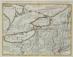 Pennsylvania, New York, sørlige New Jersey, med den vestlige delen av Connecticut, Massachusetts Bay og Land of the Iroquois, gravering av G. Zuliani hentet fra Tome I av "Newest Atlas" utgitt i Venezia i 1778 av Antonio Zatta, Private Collection av G. Zuliani