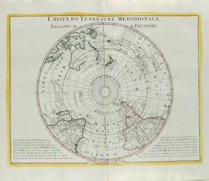 Jordens sørlige halvkule kuttet ved ekvator, gravering av G. Zuliani hentet fra Tome I of the Newest Atlas publisert i Venezia i 1779 av Antonio Zatta