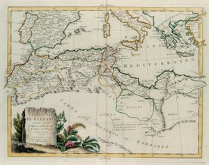 Barbarykysten eller kongedømmene Marokko, Fez, Algerie, Tunisia og Tripoli med omkringliggende land, gravering av G. Zuliani hentet fra Tome IV av "Newest Atlas" utgitt i Venezia i 1784 av Antonio Zatta, Private Collection