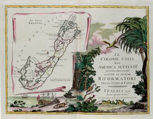 Øyene i Bermuda og fronten av delen dedikert til De forente kolonier i Nord-Amerika, gravering av G. Zuliani hentet fra Tome I av "Newest Atlas" utgitt i Venezia i 1778 av Antonio Zatta, Private Collection av G. Zuliani