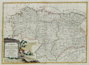 Kongedømmene Galicia, Asturies, Leon, Castilla Vieja med rådet i Biscallia, gravering av G. Zuliani hentet fra Tome I of the Newest Atlas publisert i Venezia i 1776 av Antonio Zatta, Priva av G. Zuliani