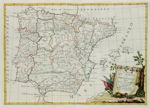 Kongedømmene Spania og Portugal delte seg i sine provinser, gravering av G. Zuliani hentet fra Tome I of the Newest Atlas publisert i Venezia i 1775 av Antonio Zatta, Private Collection