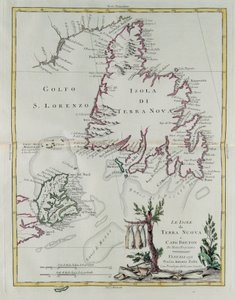 Øyene Newfoundland og Cape Breton, gravering av G. Zuliani hentet fra Tome I av "Newest Atlas" utgitt i Venezia i 1778 av Antonio Zatta, Private Collection av G. Zuliani