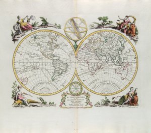 Verdenskart og en generell beskrivelse av kloden, gravering av G. Zuliani hentet fra Tome I of the Newest Atlas publisert i Venezia i 1774 av Antonio Zatta