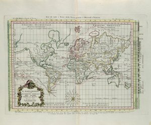 Verdenskart og en generell beskrivelse av kloden, redusert til et bilde, gravering av G. Zuliani hentet fra Tome I av "Newest Atlas" utgitt i Venezia i 1774 av Antonio Zatta av G. Zuliani