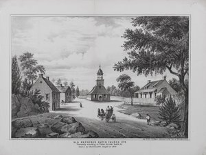 Old Reformed Dutch Church i 1776, tegnet av Miss Elizabeth Sleight i 1808, trykt for H. McCloskeys Manuel fra City of Brooklyn, 1864 av G. after Hayward