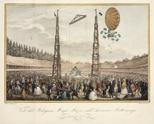 Flight of the Bolognese Muzio Muzzi (1809-46) i Airship Retirremiga, 1838 av G. after Meloni