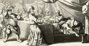 Jesus inviterte til middag med fariseeren, illustrasjon fra Lukasevangeliet, kapittel 11:37, 1728 av Gabriel Francois Louis Debrie