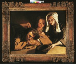 Interiør med levende lys med figurer rundt et bord av Gabriel Gresly