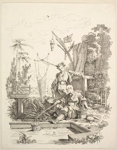 En kinesisk mann og kvinne som fisker ved en fiskedam, 1700-tallet.