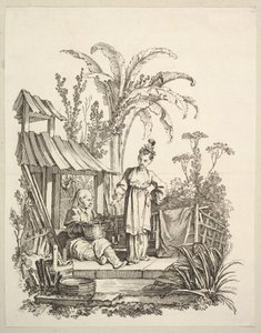 En sittende kinesisk mann og en kvinne som bærer en fisk, ca. 1742. av Gabriel Huquier