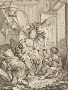 Plate 1: Ung kvinne som mater sitt spedbarn, fra Premier Livre de Subjects et Pastorales Fi..., 1720-72. av Gabriel Huquier