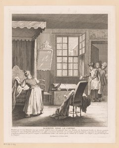 Slaapkamerinterieur møtte Ragotin i en kiste Sladder i bagasjerommet (tittel på objekt) Scener fra Roman Comique van Scarron (serietittel)