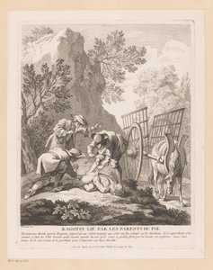 Sovende ragotin bundet og kidnappet Ragotin lié par les foreldre du fol (tittel på objekt) Scener fra Scarrons Roman Comique (serietittel) av Gabriel Huquier