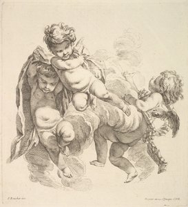 Tre barn blant skyer som bærer et draperi, 1738-45. av Gabriel Huquier
