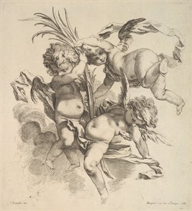 Tre barn blant skyer nær et palmeblad, 1738-45. av Gabriel Huquier