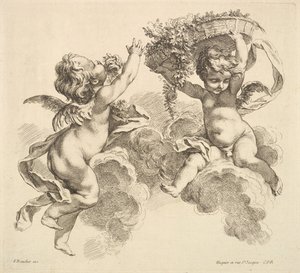 To barn, ett holder en kurv med blomster, 1738-45.