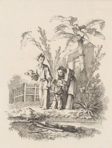 To kvinner som leder et barn mot en tekanne på et bord nær en dam, ca. 1742. av Gabriel Huquier