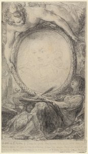Allegorisk ramme med et geni og en tilslørt kvinne som skriver av Gabriel Jacques de Saint Aubin
