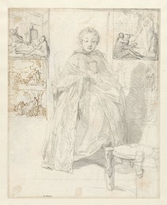 Studieark med en lesende kvinne og noen skisser av Gabriel Jacques de Saint Aubin