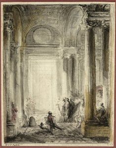 Inngangen til Arkitekturakademiet ved Louvre av Gabriel Jacques de Saint Aubin