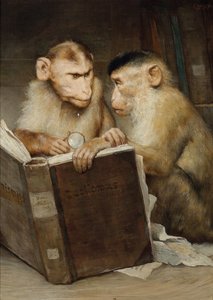 ""Les savants"" (De lærde) To aper som holder en åpen bok - Maleri av Gabriel Cornelius Ritter von Max (1840-1915) Privat samling