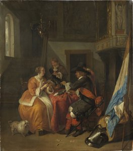 Et kortspill - Et kortspill, av Metsu, Gabriel (1629-1667). olje på tre av Gabriel Metsu