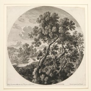Landskap med to reisende og et slott; og Herdsman, Sheep and Cattle in a Landscape, fra et sett med seks landskap av Gabriel Perelle