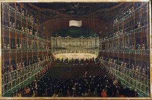 Et måltid på San Benedetto Theatre - "" Mottakelse til ære for prinsene i nord"" Bankett som samler ambassadører. Maleri av Gabriel Bella (1730-1799) Venezia fra 1700-tallet, Galleria Fondazione Querini Stampalia