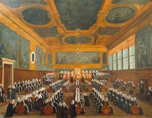 Council of Pregadi, av Gabriel Bella (1730-1799), olje på lerret, 96x149 cm av Gabriele Bella