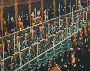 Lunsj på San Benito Theatre tilbudt av Doge til ære for prinsene i nord, Venezia, av Gabriel Bella (1730-1799), olje på lerret, Detalj av Gabriele Bella