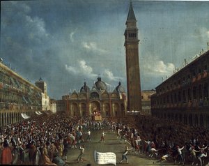 Prosesjon av dogen og utdeling av penger til innbyggerne, på Markusplassen - Maleri av Gabriele Bella (ca. 1730-1799). Venezia, Querini Stampal Foundation av Gabriele Bella