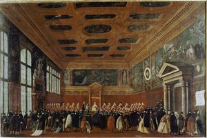 Mottak av ambassadører ved Collegio (Venezia, mottakelse av en ambassadør ved Collegio) - Maleri av Gabriele Bella (ca. 1730-1799), olje på lerret, 99x150 cm. Venezia, Querini Stampalia Foundation
