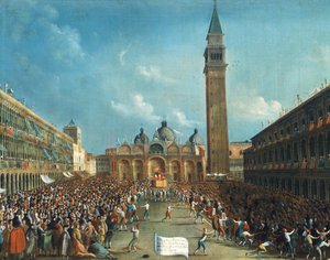 Dogen blir båret triumferende og sprer penger på Piazza San Marco (Markusplassen) av Gabriele Bella