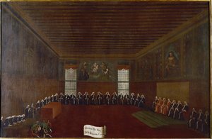 Utsikt over rommet til Kriminalkarantenen, Høyesterett eller Council of the Forty Maleri av Gabriele Bella (1733-1799) 1700-tallets Venezia, Fondazione "" Querini Stampalia"" av Gabriele Bella