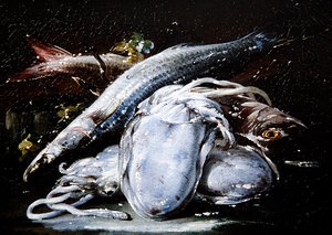 Blekksprut, grå multe og rød multe hviler på en steinhylle (olje på lerret) av Gaetano Cusati