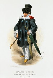 Skuespilleren Antonio Petito (1822-1876) i scenekostyme i parodien The Trubadour, litografi av Gaetano Dura (1805-1874)