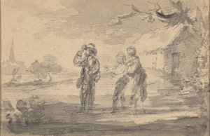 Landskap med tre figurer, hytte og kirkespir