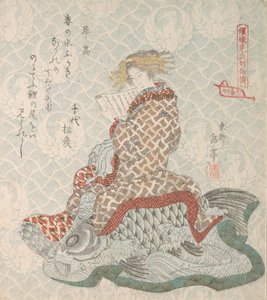 Courtesane sittende på en karpe, 1800-tallet. av Gakutei