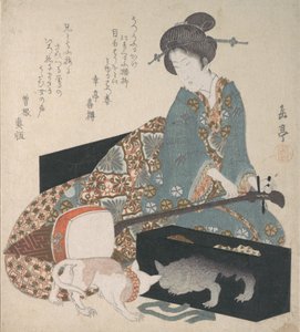 Kvinne stiller en Shamisen og en katt som ser på sin egen refleksjon, midten av 1820-tallet.