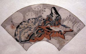 Court Lady Preparing Ink, design for en vifte, ca. 1818-30 (treblokktrykk)