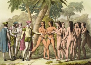 Christopher Columbus (1451-1506) med Hernando Cortes (1485-1547) Mottar en innfødt amerikansk jente som gave, fra 