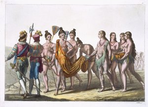 Indianske enker henvender seg til sin sjef for tillatelse til å gifte seg på nytt, plate 57 fra 'Le Costume Ancien et Moderne' av Jules Ferrario, utgitt ca. 1820-30-tallet av Gallo Gallina