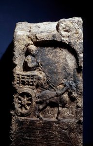 Art Gallo Romain: stele som representerer en mann på en vogn spennet til en hest. 50 f.Kr.-100 e.Kr. Metz. Museum of Fine Arts av Gallo Roman