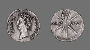 Denarius skildrer keiser Augustus, 19-18 f.Kr av Gallo Roman