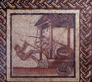 Gallo Roman Art: mosaikkbelegg som representerer en rustikk kalender. En oljepresse. Slutt 2., begynnelsen av 3. århundre etter JC. Fra Saint-Romain-en-Gal (Rhone). Saint Germain en Laye, Nasjonalmuseet for arkeologi av Gallo Roman